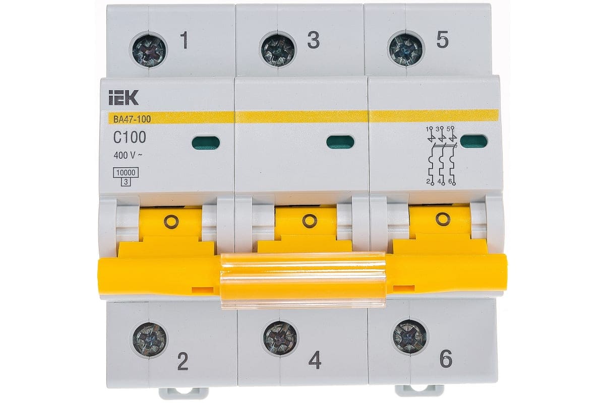 картинка Автоматический 3-полюсный выключатель, IEK ВА47-100 100А, тип расцепления С, 10 кА от магазина АСЯ