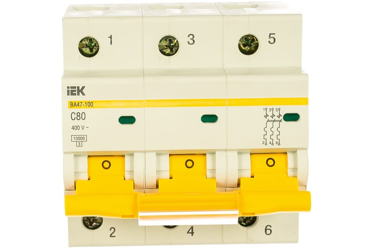 картинка Автоматический 3-полюсной выключатель, IEK ВА47-100 80А, тип расцепления С, 10 кА от магазина АСЯ